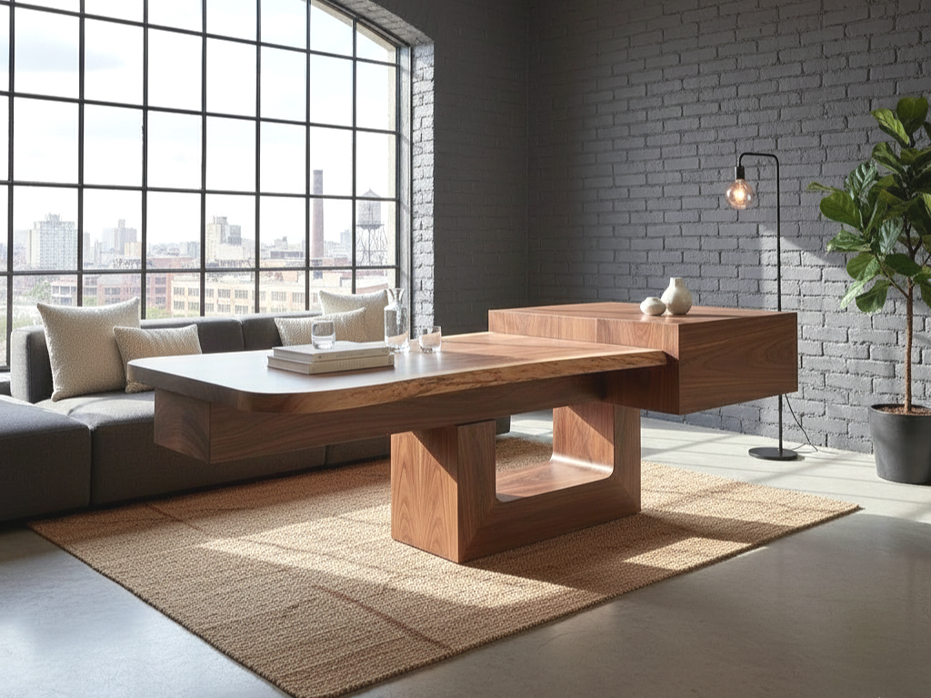 Modern living room with large window, gray sofa with beige pillows, wooden coffee table and desk, potted plant, and floor lamp.