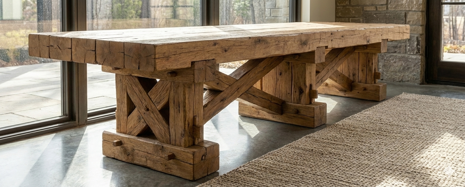 Rustic wooden table with a thick plank top and sturdy cross-braced legs, located indoors near glass doors with a view of an outdoor patio and trees.