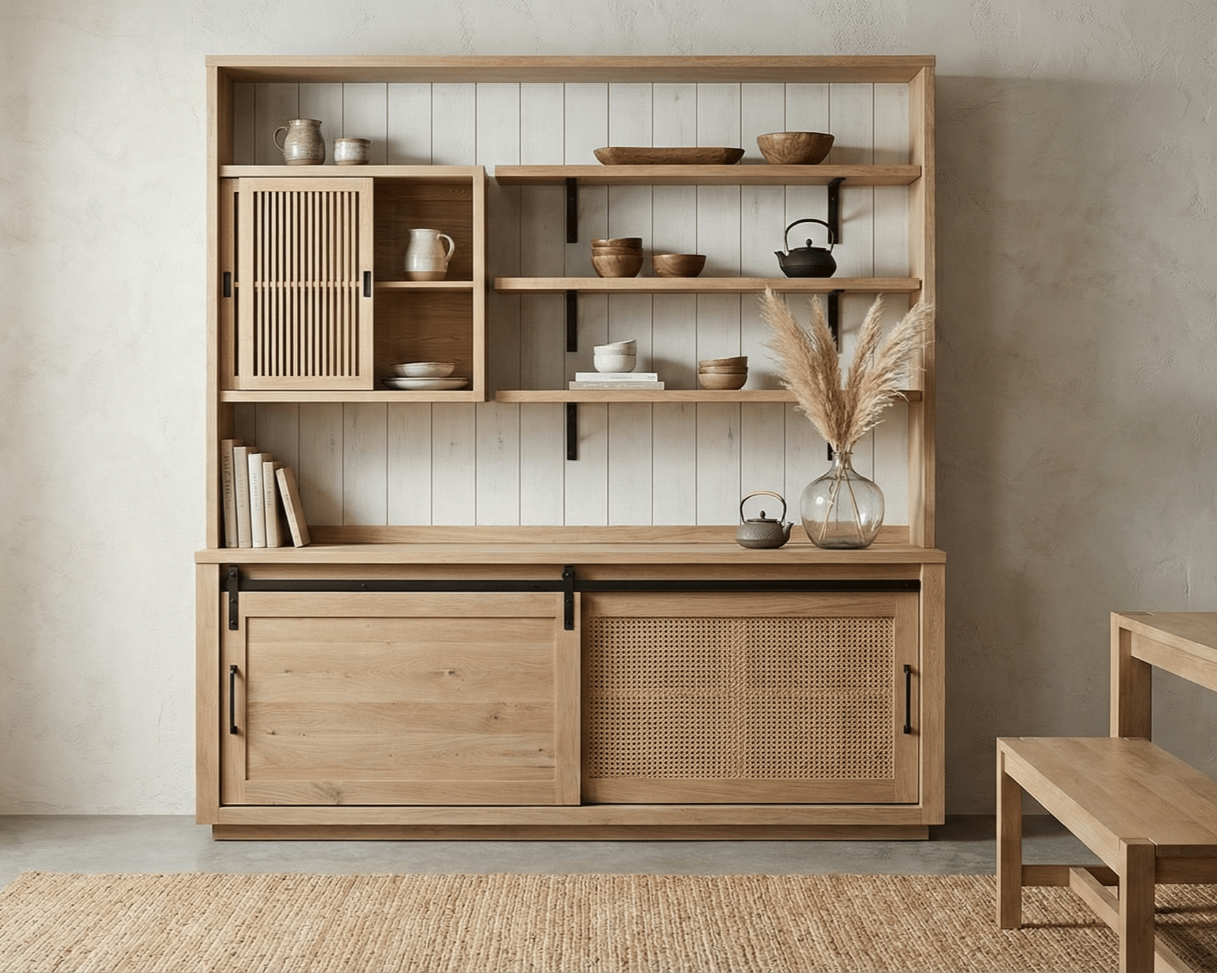 A wooden hutch with open shelves and sliding doors, decorated with vases, bowls, and books, against a neutral wall in a minimalist room.