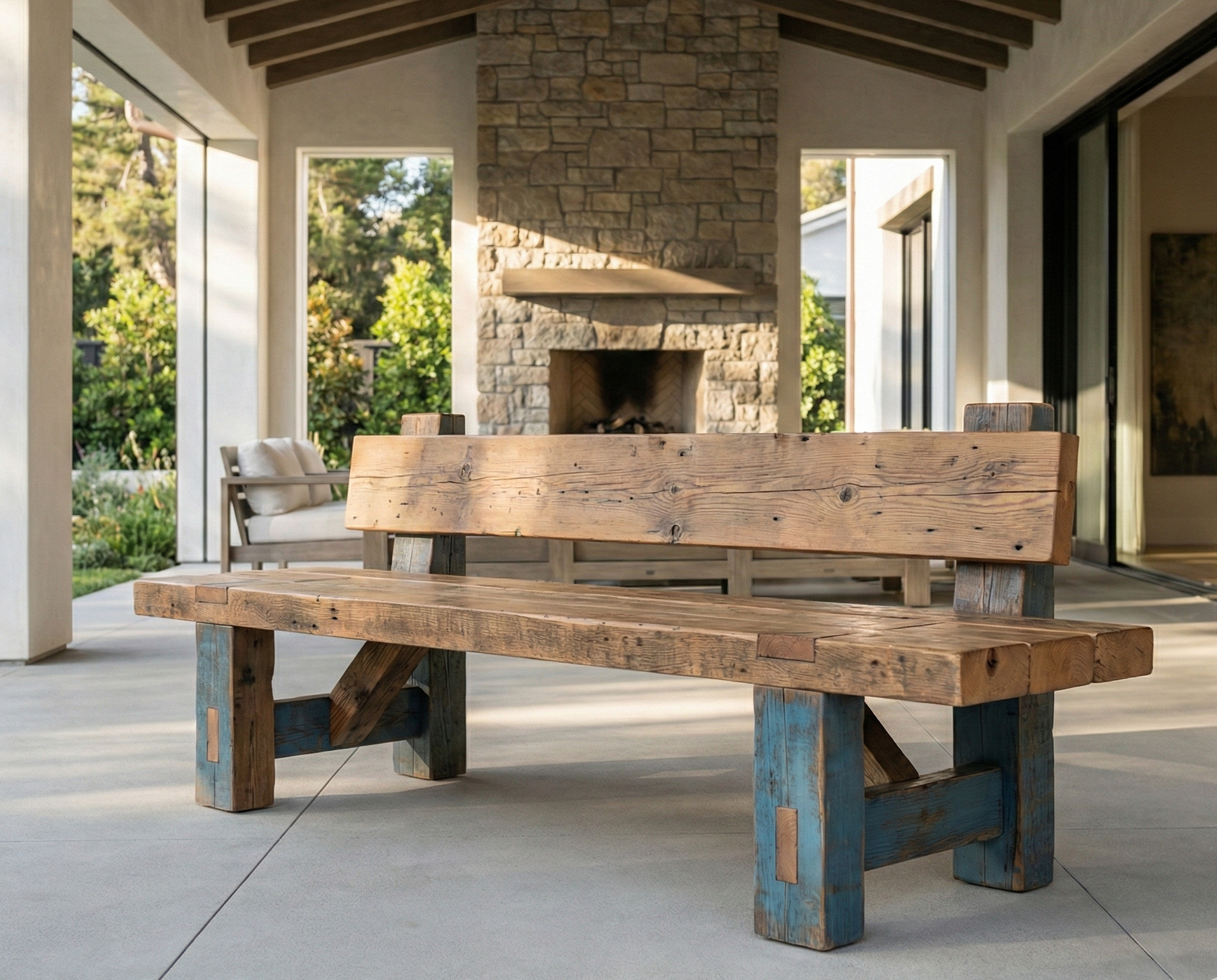 Wooden bench with blue painted legs on a concrete patio, in front of a stone fireplace and outdoor seating area, with sliding glass doors and greenery outside.