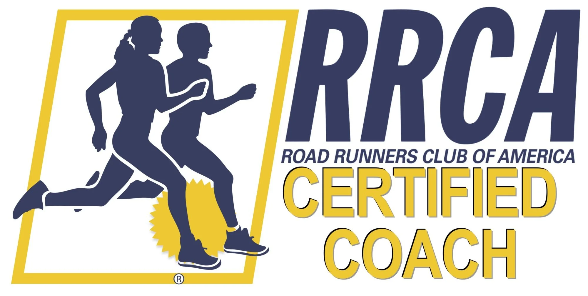 Logo of the Road Runners Club of America featuring silhouettes of a man and a woman running, with the text 'RRCA' and 'Certified Coach'. Wayfinder Running Co.