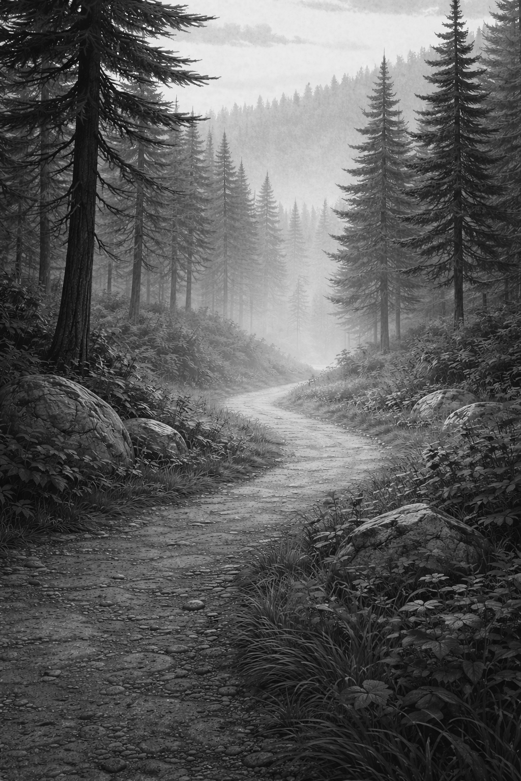 A black and white photo of a winding dirt trail through a dense, foggy forest with tall pine trees and large rocks along the path.