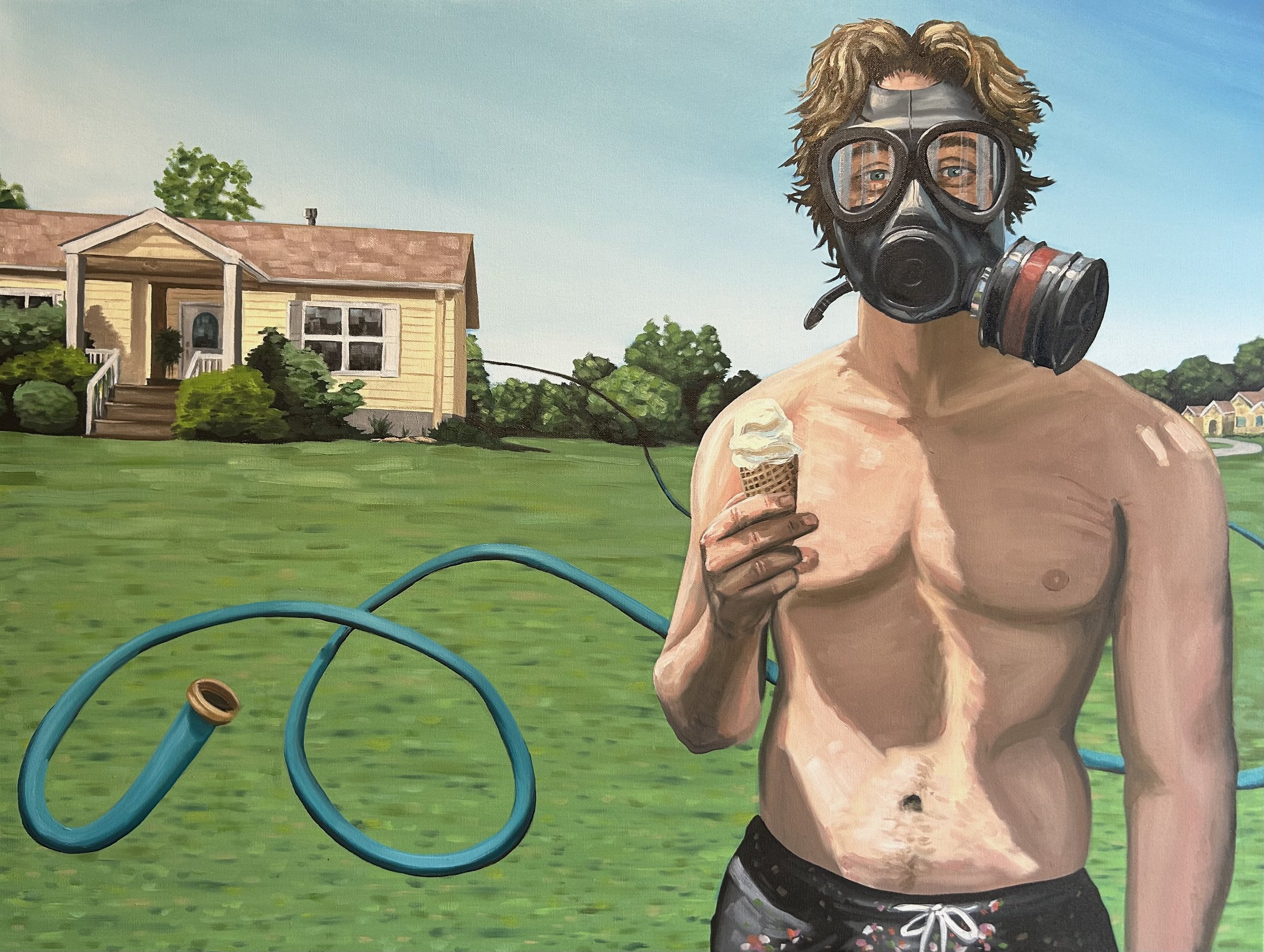 A shirtless man wearing a gas mask, holding an ice cream cone, standing outdoors on a grassy lawn. There is a house and trees in the background, and a garden hose.