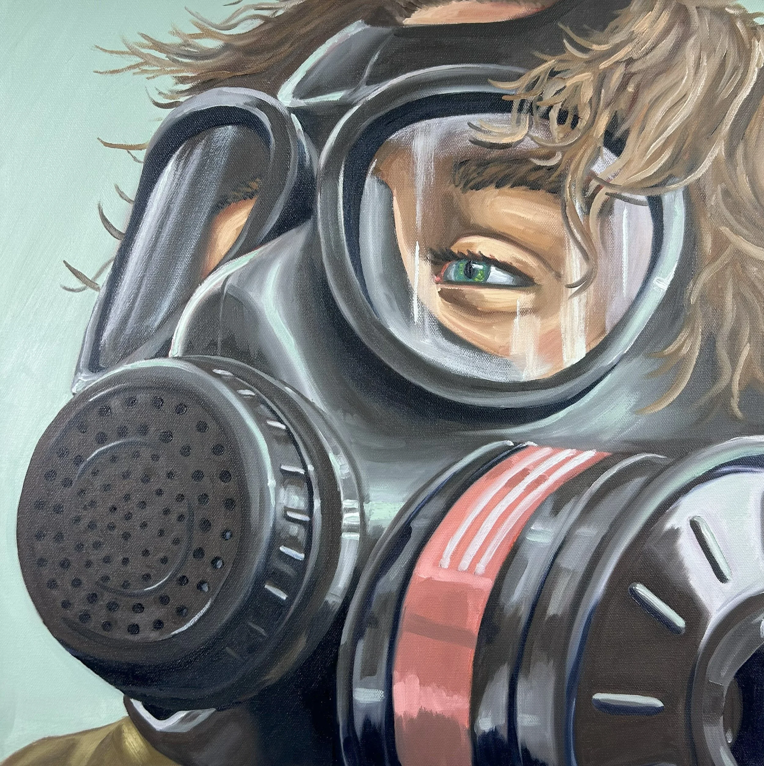 A person with blonde hair wearing a gas mask, visible green eyes, and is depicted in a realistic painting.