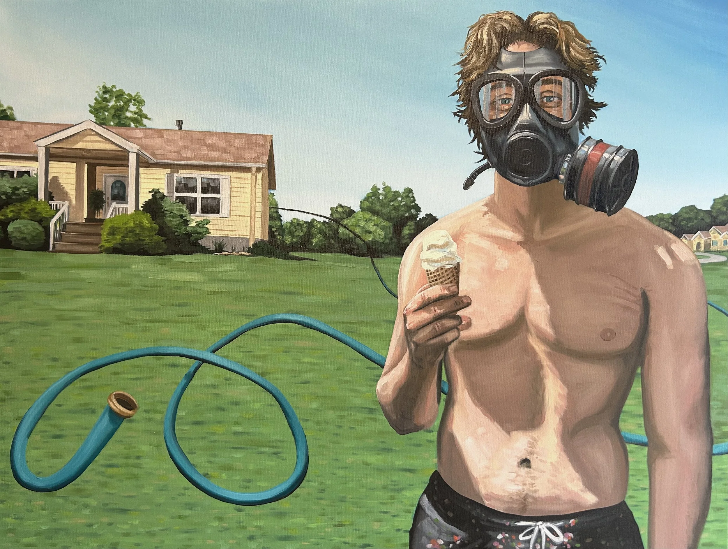 A shirtless man wearing a gas mask, holding an ice cream cone, standing outdoors on a grassy lawn. There is a house and trees in the background, and a garden hose.