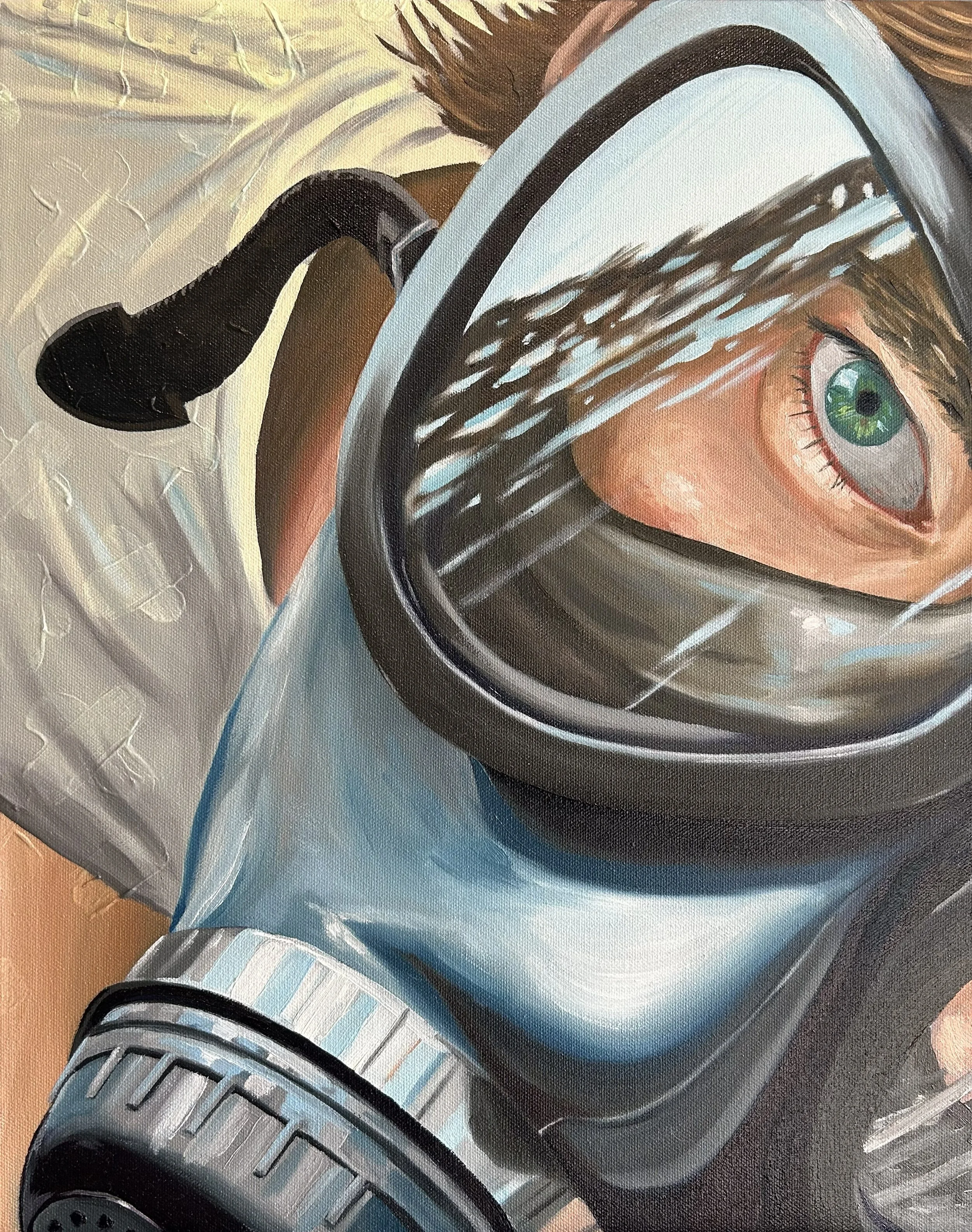 Close-up of a person wearing a gas mask with a blue eye visible through the glass, wearing a white shirt.