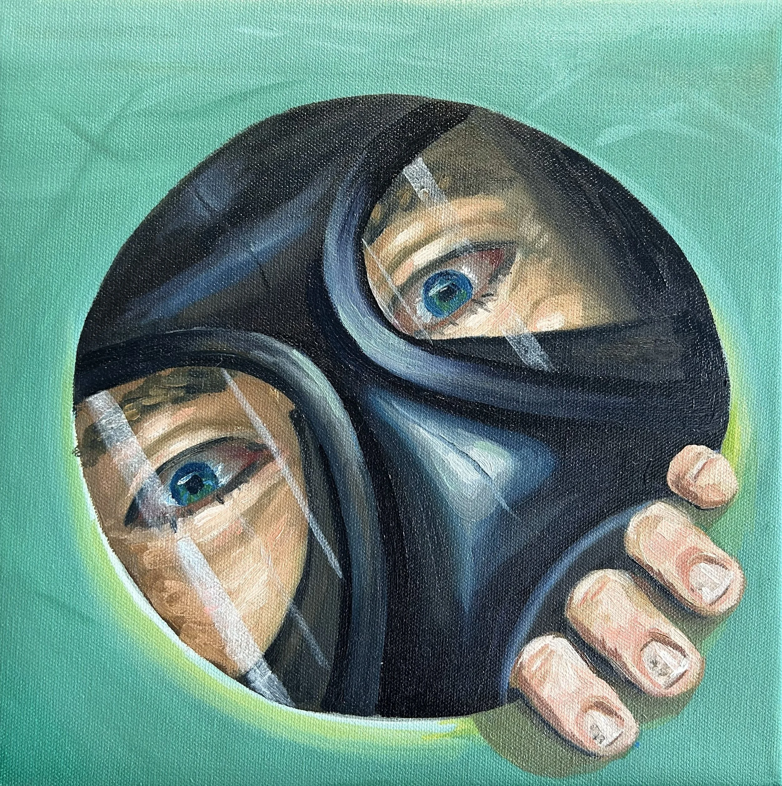 Painting of someone with a gas mask on peering through a circular hole.