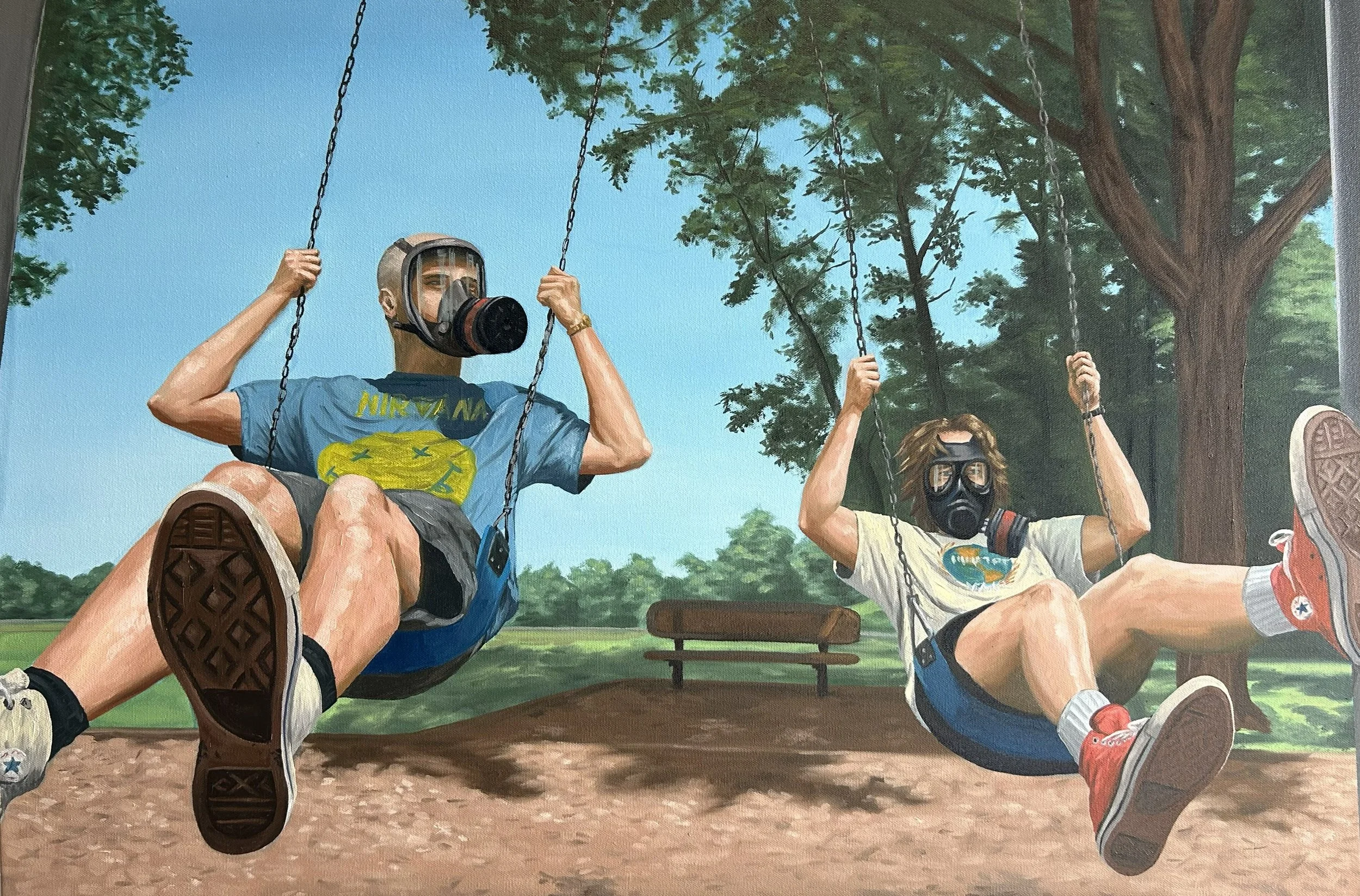 A painting depicting two young men in gas masks on swings in a park, with trees and blue sky in the background.
