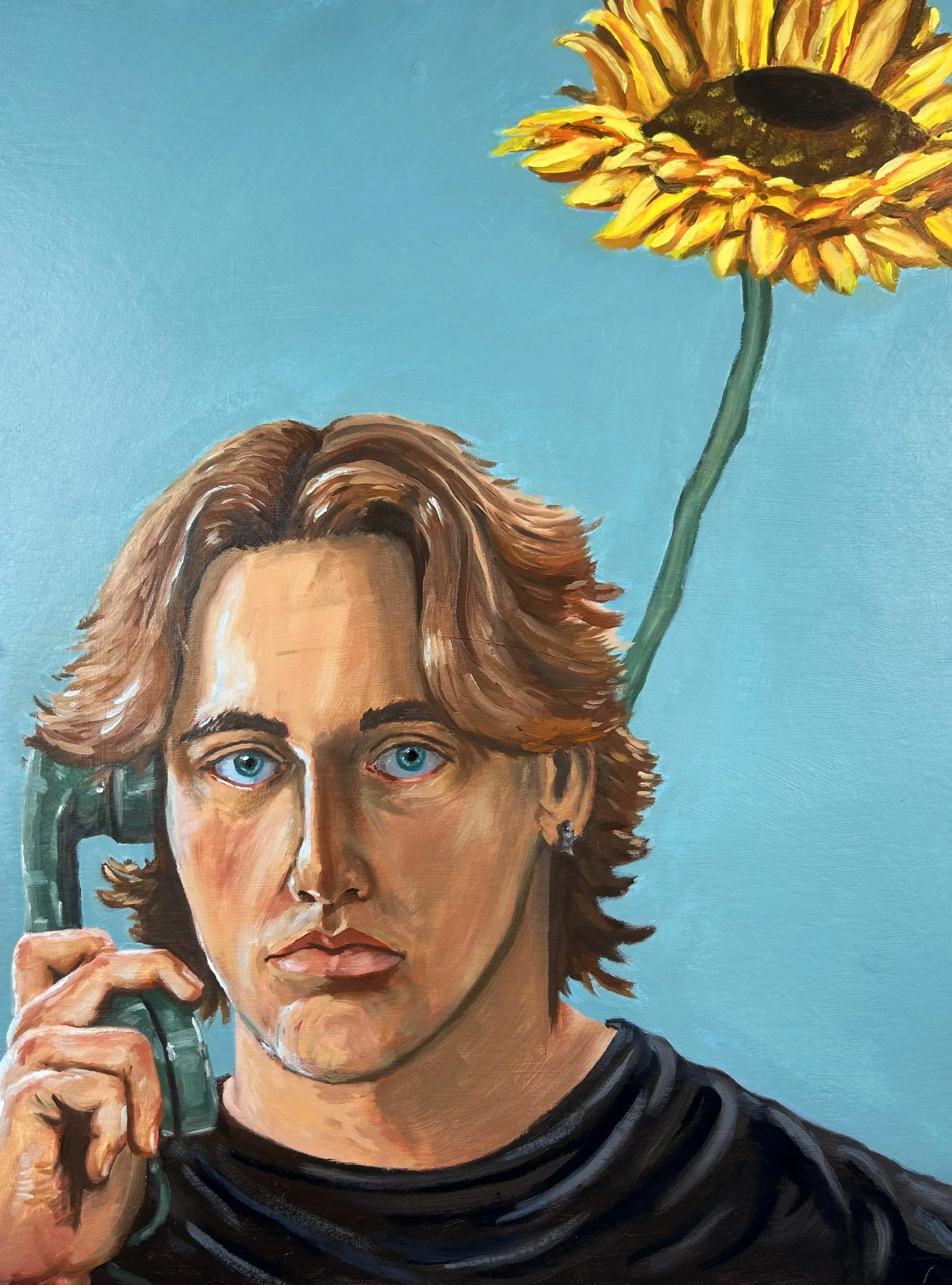 A painting of a person with shoulder-length brown hair and blue eyes holding a green telephone handset to their ear. A sunflower is positioned above their head against a light blue background.