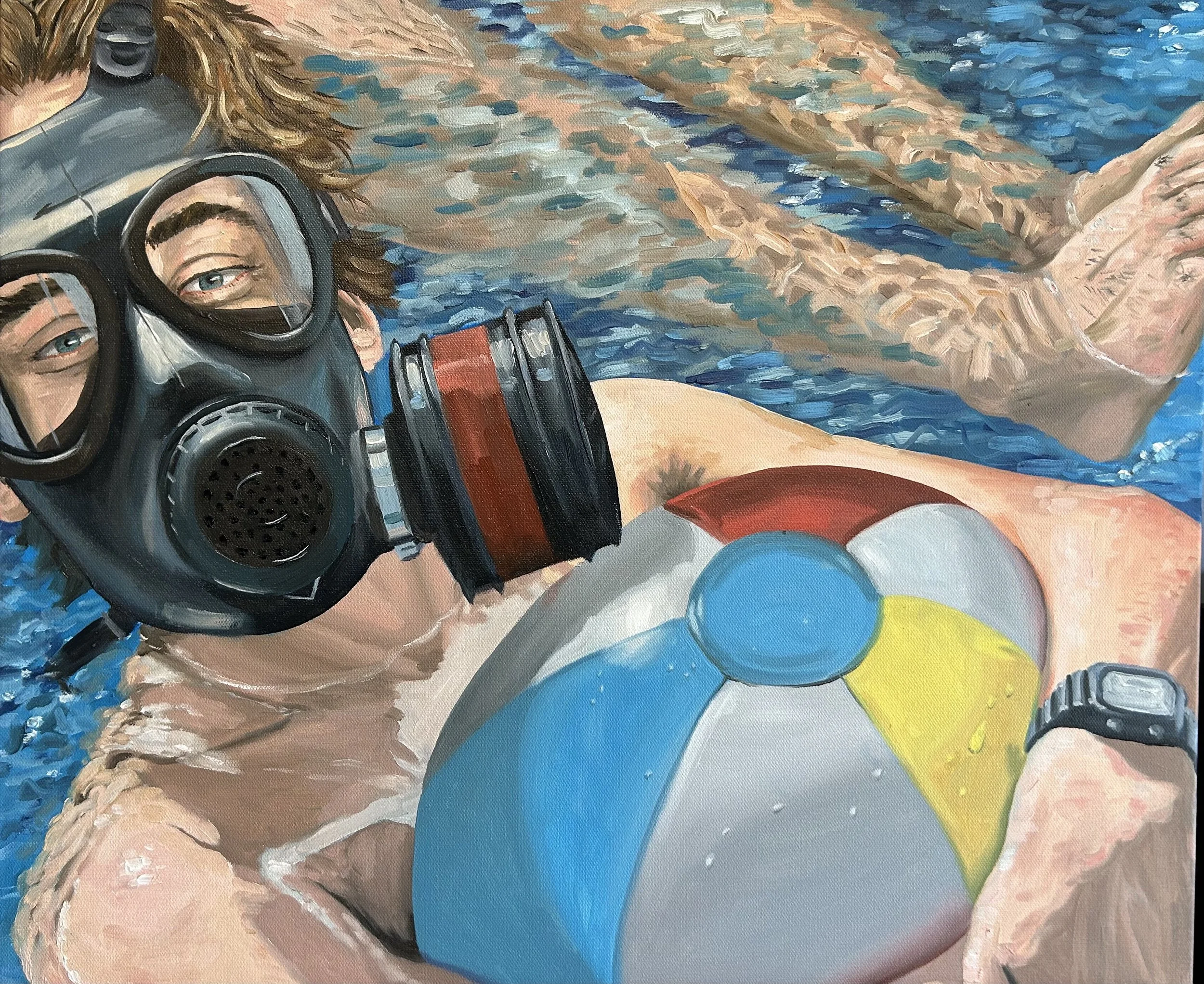 A person in a swimming pool wearing a black gas mask, a wristwatch, and holding a colorful beach ball with red, white, blue, and yellow sections.