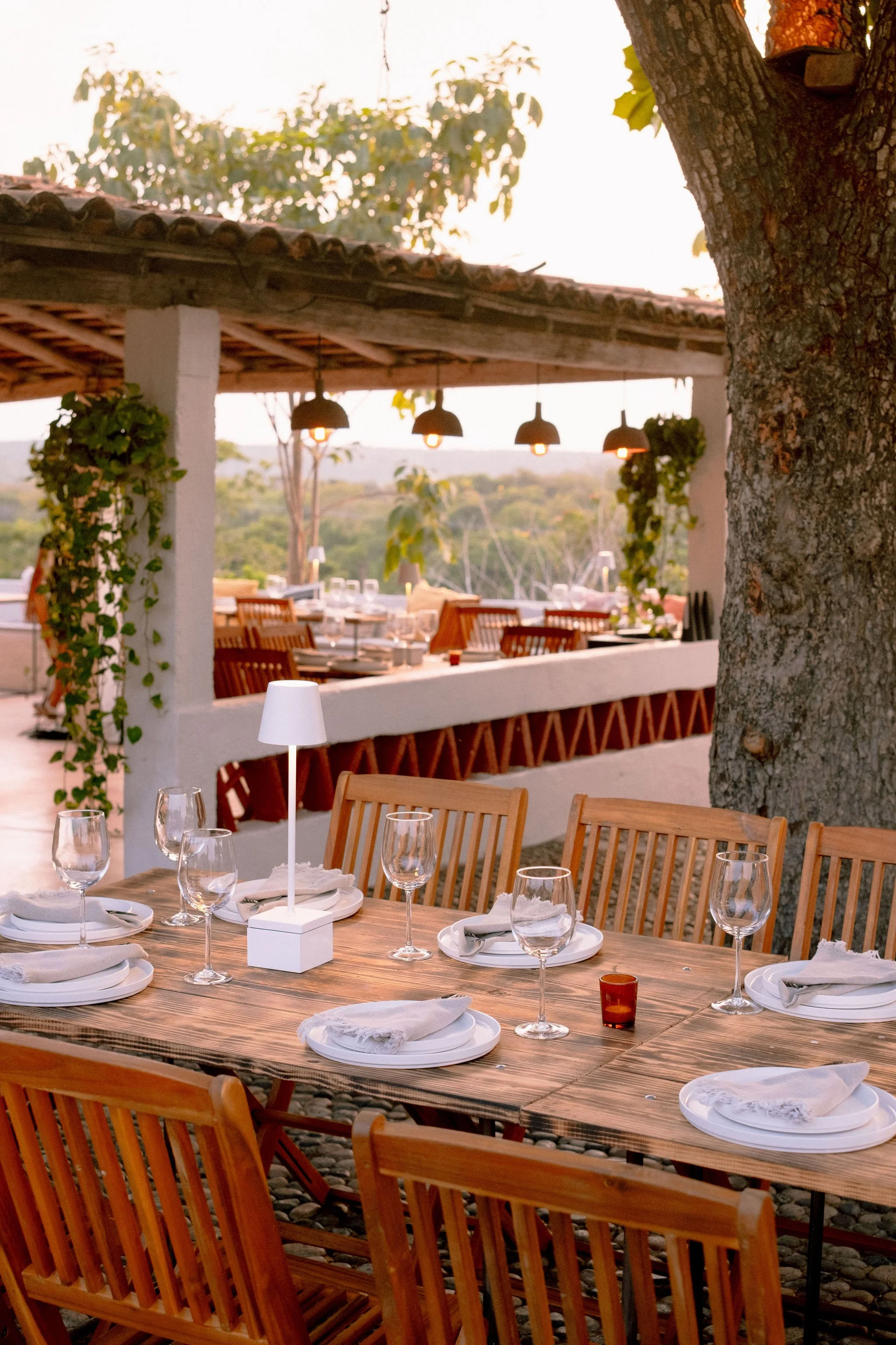 Mesa de restaurante en careyes con comida elegante en un restaurante al aire libre con copas de vino, platos, cubiertos, y una lámpara de sobremesa, rodeada de sillas de madera y un árbol grande, con vista a un paisaje verde al atardecer.