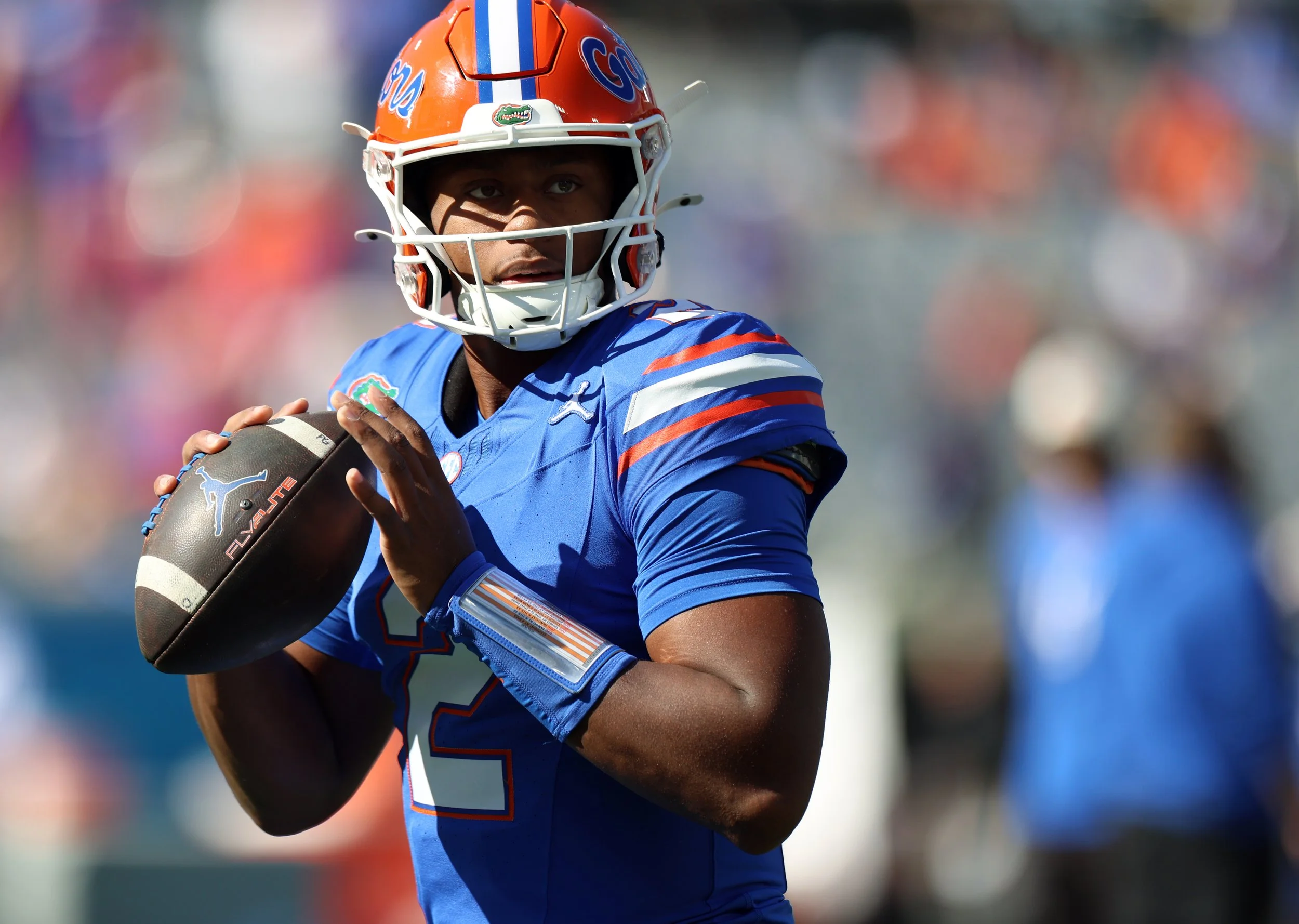 DJ Lagway (2) warms up before Florida’s game against Georgia on Saturday, Nov. 1, 2025, at EverBank Stadium in Jacksonville, Fla.