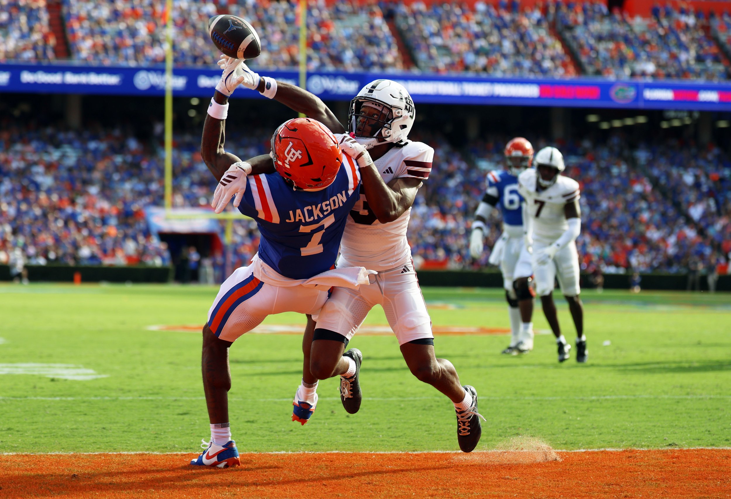 University of Florida's Amir Jackson (#7) fumbles the ball during the Gators’ game against the Mississippi State Bulldogs at Ben Hill Griffin Stadium in Gainesville, Fla., Saturday night, Oct. 18, 2025.