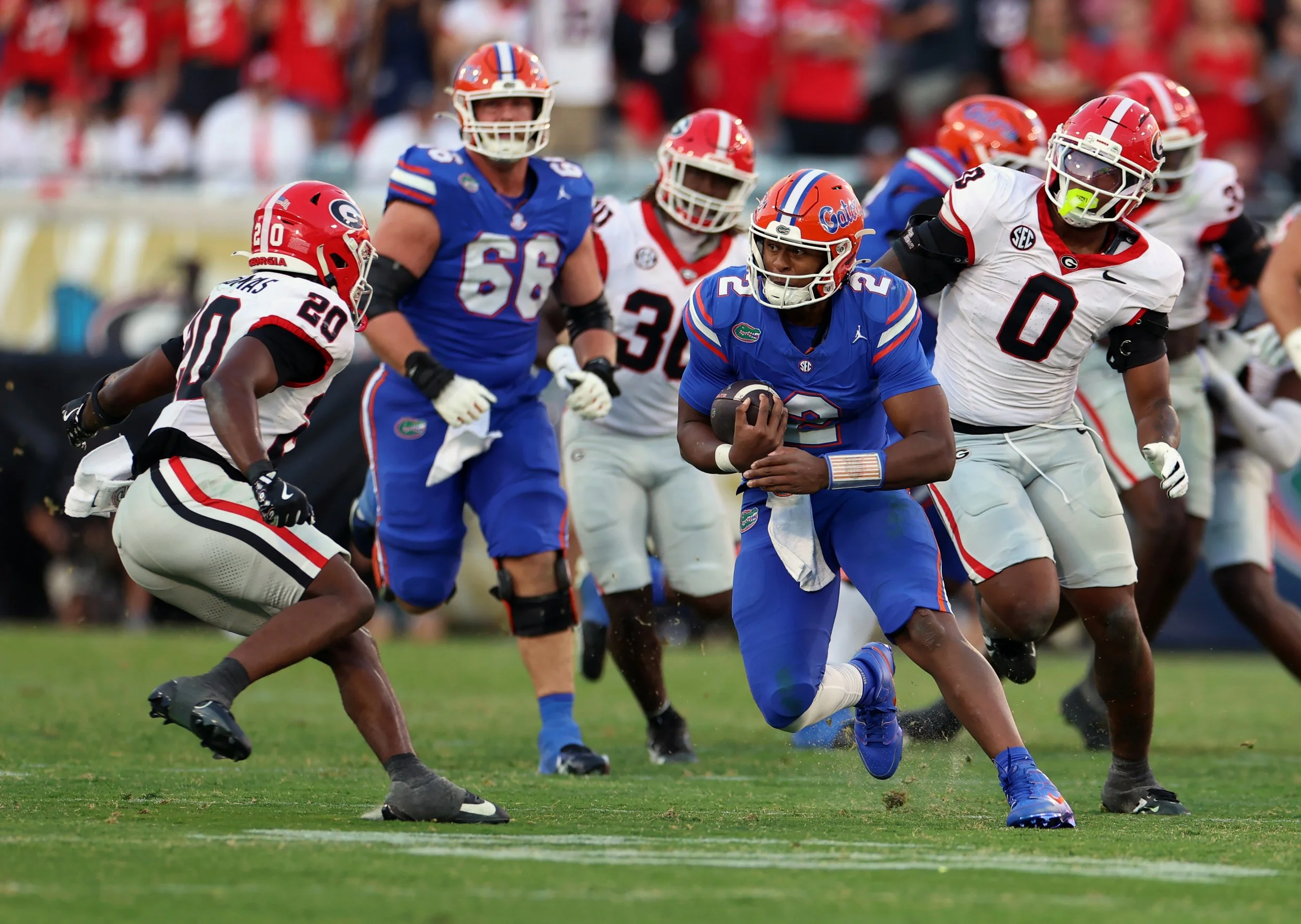 DJ Lagway (2)  runs with the ball during Florida’s game against Georgia on Saturday, Nov. 1, 2025, at EverBank Stadium in Jacksonville, Fla.