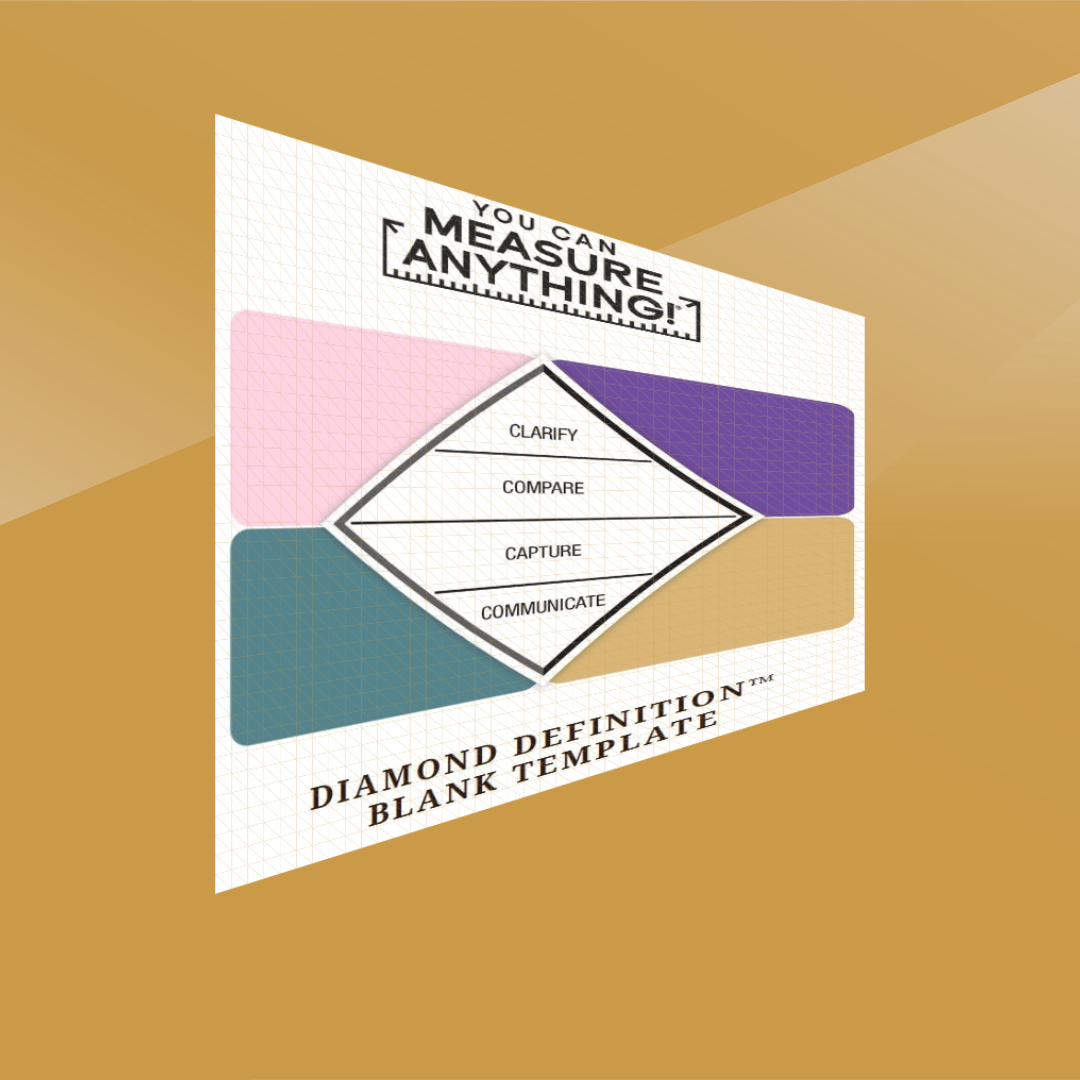 A chart titled 'You can measure anything' with four labeled sections: clarify, compare, capture, communicate, over a diamond-shaped graphic. The background has multicolored abstract shapes, and the bottom reads 'Diamond Definition™ Blank Template.'
