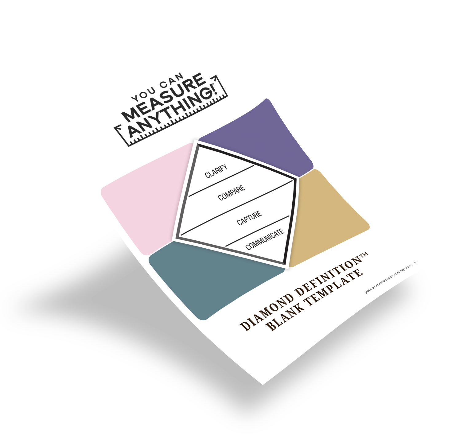 A chart titled 'You can measure anything' with four labeled sections: clarify, compare, capture, communicate, over a diamond-shaped graphic. The background has multicolored abstract shapes, and the bottom reads 'Diamond Definition™ Blank Template.'