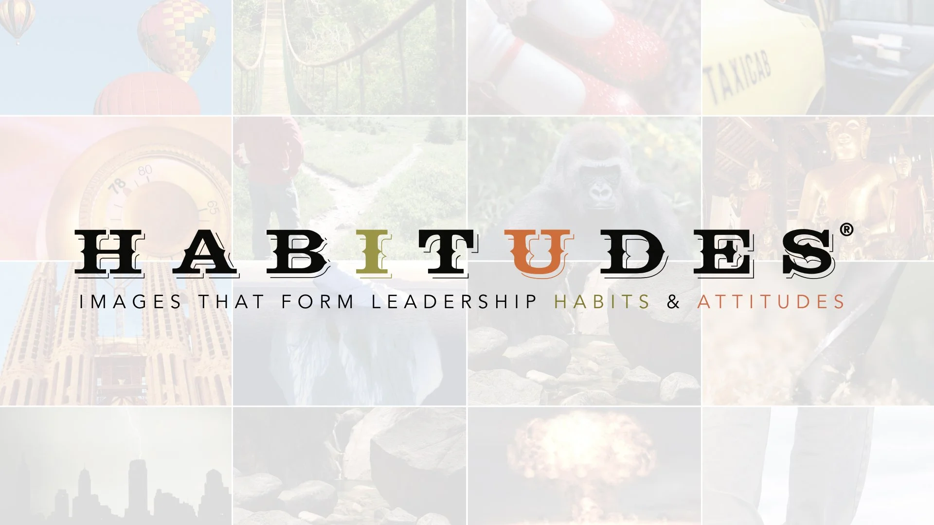 Cover image for Habitudes, featuring a collage of various images including hot air balloons, a suspension bridge, a gorilla, a city skyline and an explosion, with the text 'HABITUDES: Images that form leadership habits & attitudes'.