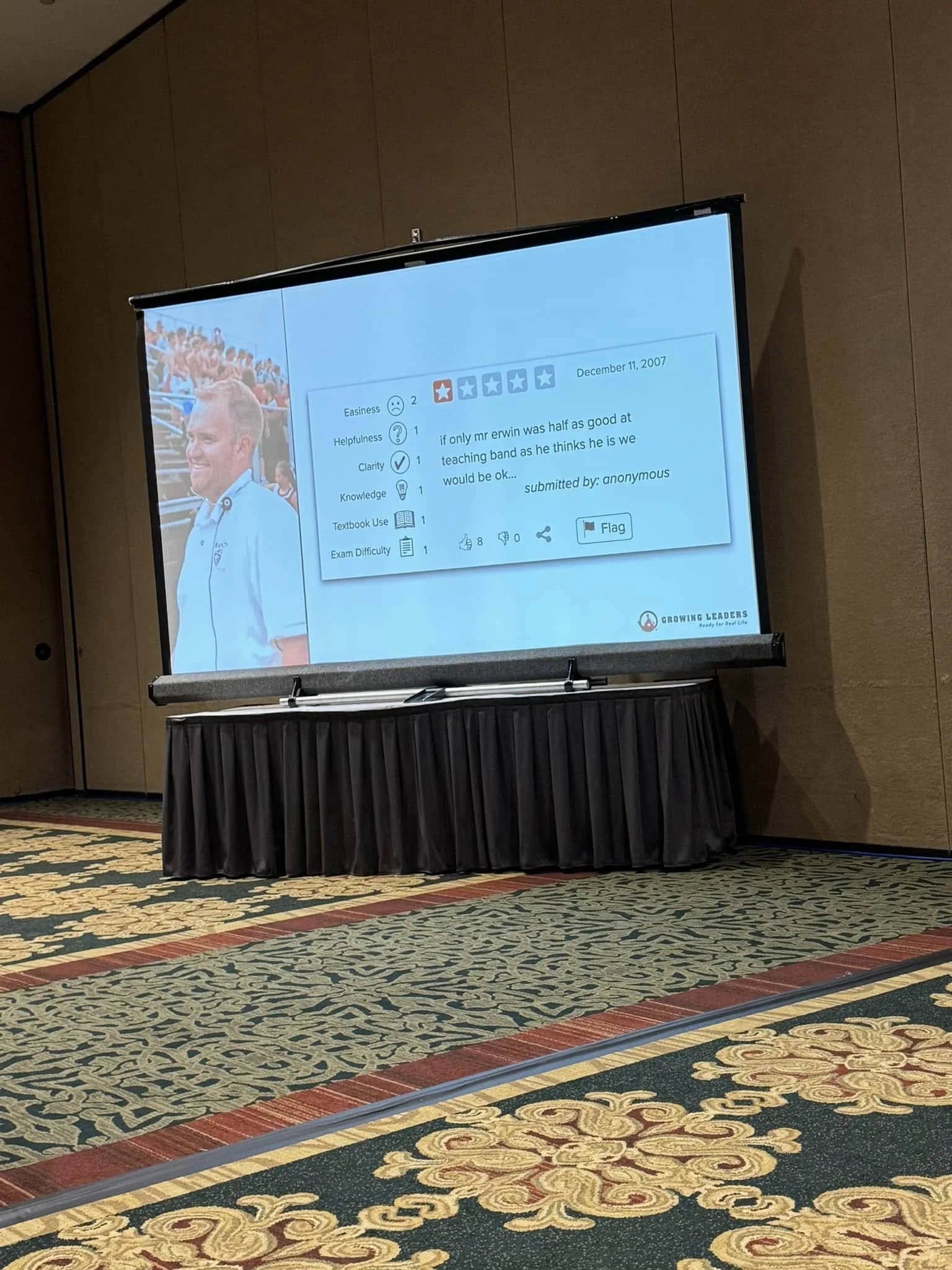 A large projection screen displaying an online review in front of a beige wall and a patterned carpeted floor.