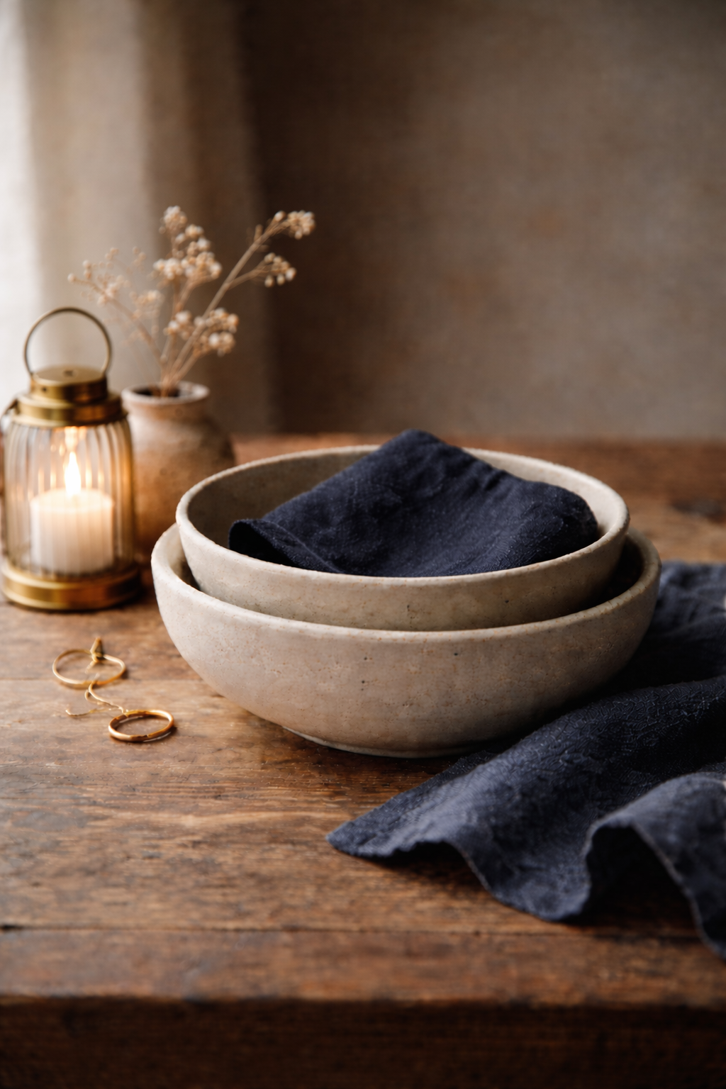 A rustic wooden table with two stacked ceramic bowls, a black cloth inside the top bowl, a small dried flower arrangement, a lit candle lantern, and a few gold rings, with a neutral wall in the background.