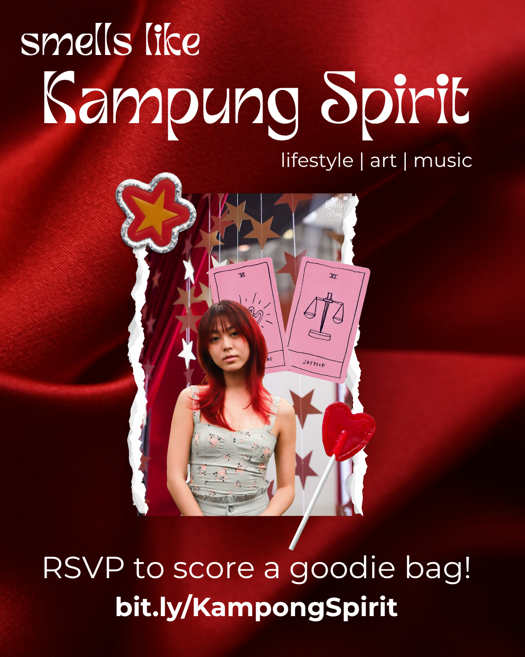 Event flyer with a woman with red hair standing in front of pink tarot cards, star and love-themed decorations, promoting a lifestyle, art, and music event called 'Smells Like Kampung Spirit' with RSVP information.