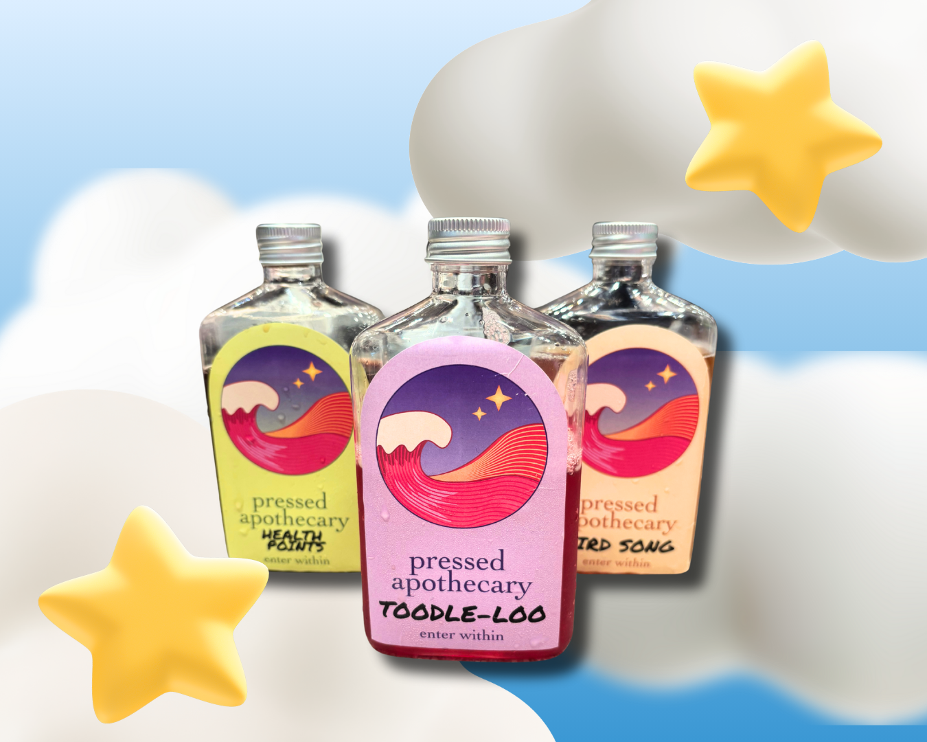 Three small bottles of pressed apothecary products with colorful labels, set against a sky with clouds and yellow star-shaped decorations.