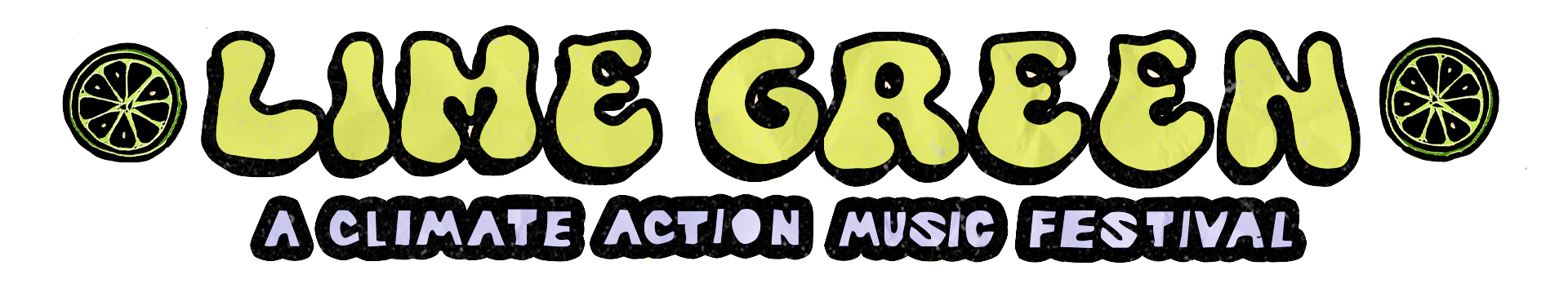 Logo for Lime Green, a climate action music festival, with stylized lemon slices on each side and playful, rounded lettering.