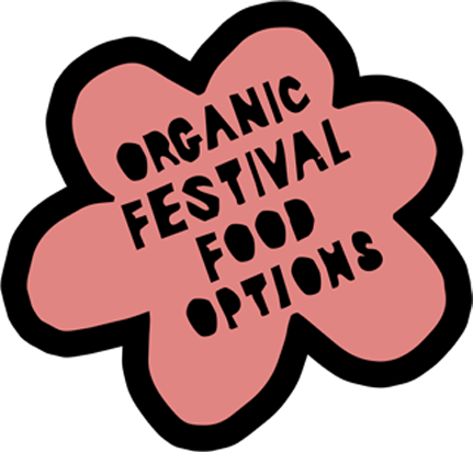 Pink flower-shaped background with black text reading 'Organic Festival Food Options'.