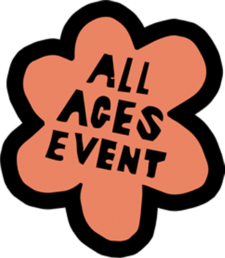 Pink speech bubble with black text reading 'All Ages Event'.