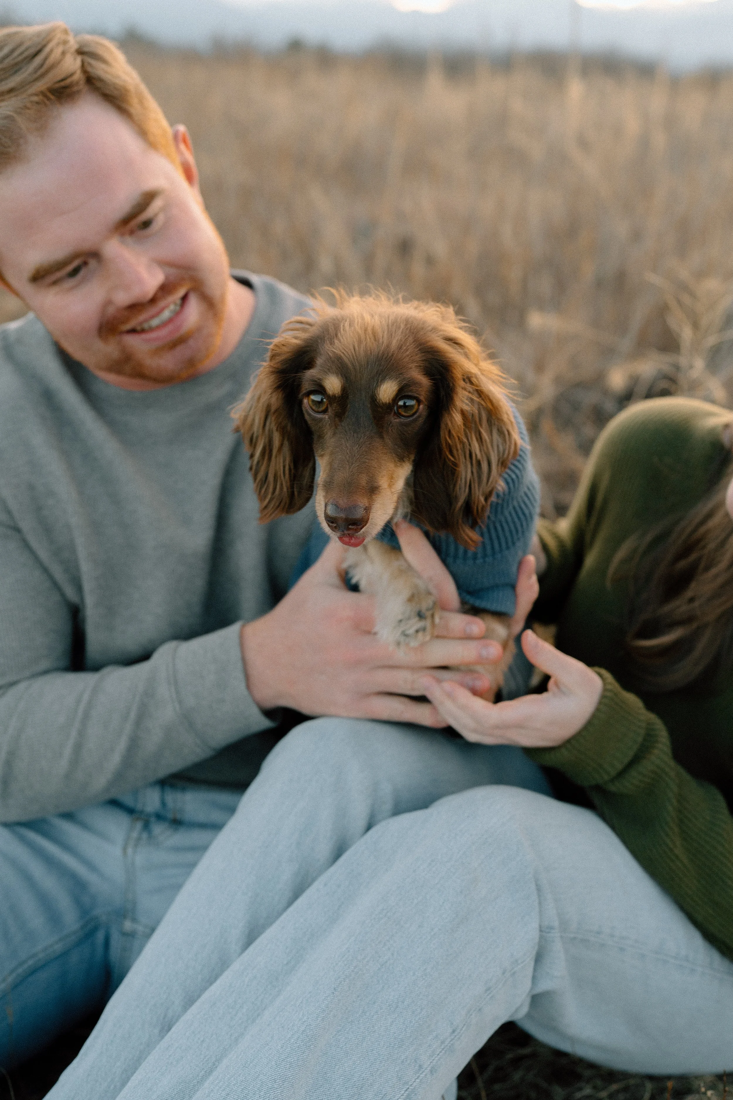 A man and a woman sitting outdoors in a field holding a brown long-haired dachshund puppy wearing a blue sweater.