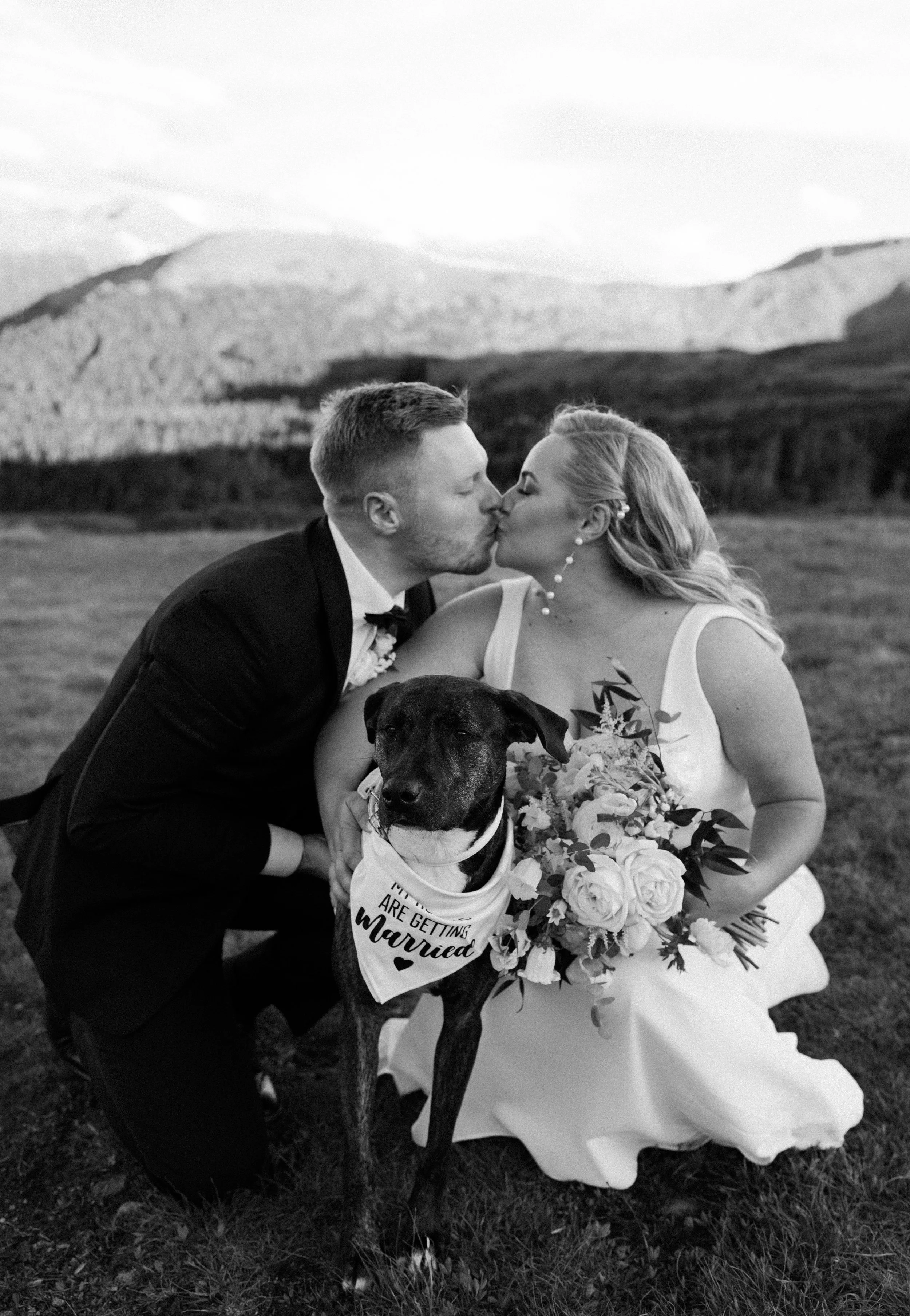 Black and white photo of a newlywed couple kissing, with the bride holding a bouquet of flowers and a dog in front wearing a bandana that says "Are getting married." The groom is in a tuxedo, and the bride is in a white wedding gown, with a backdrop of mountains and open sky.