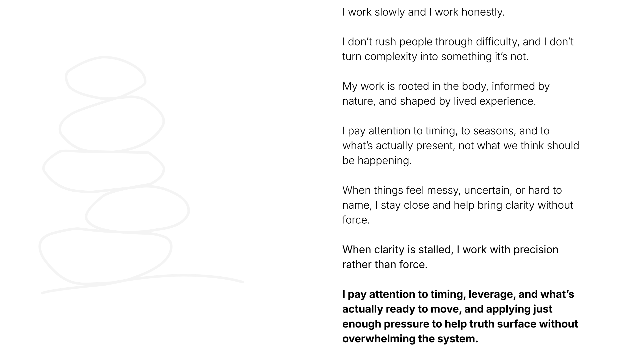 A black background with a simple, minimalist line drawing of a stacked pile of stones or pebbles on the left side.