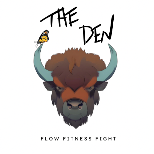 Illustration of a bison's head with large horns, a butterfly flying near the left horn, and the text 'The Den' above it. The text 'Flow Fitness Fight' is below the bison.