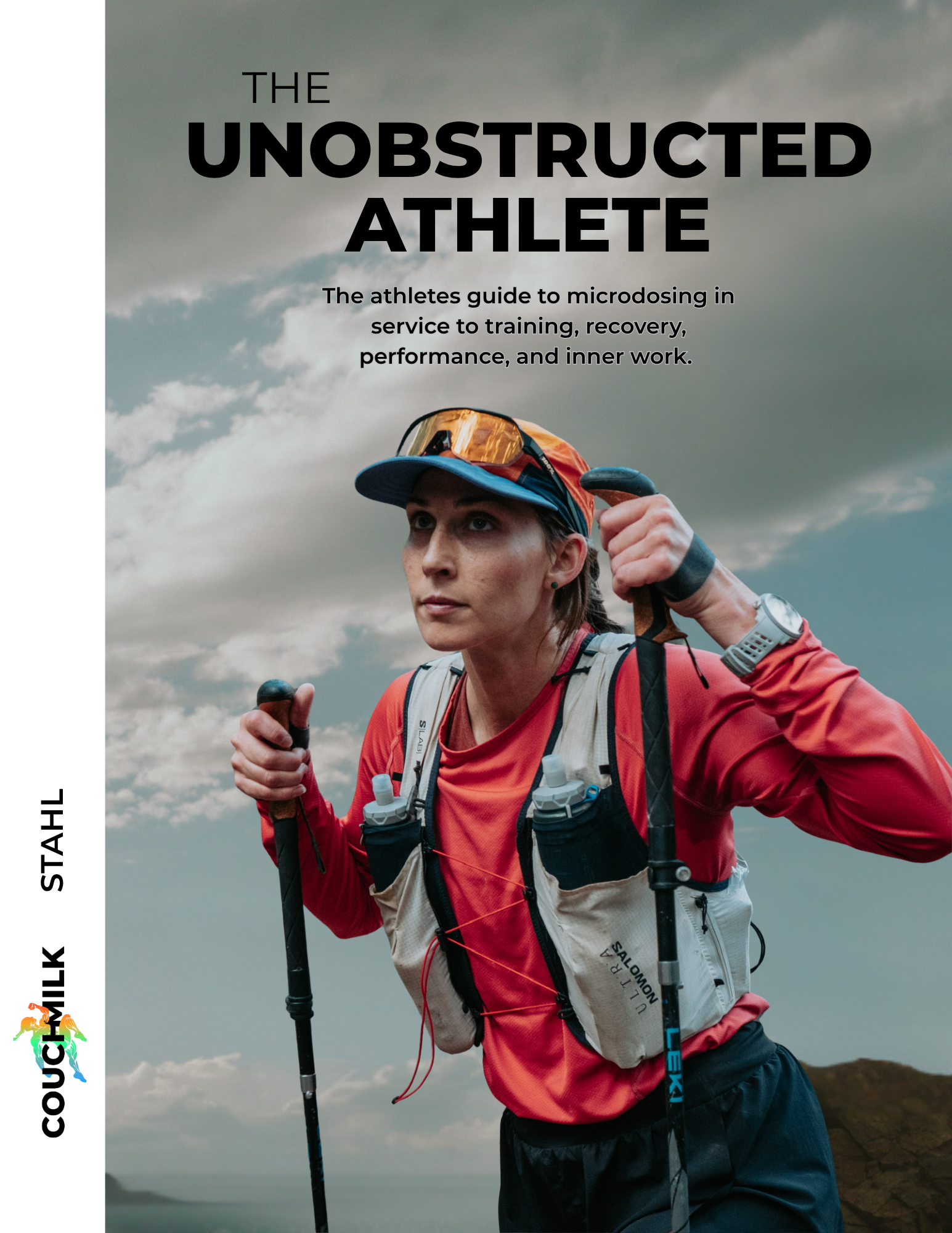 Cover of a book titled 'The Unobstructed Athlete' showing a woman in athletic gear hiking outdoors with a cloudy sky in the background.
