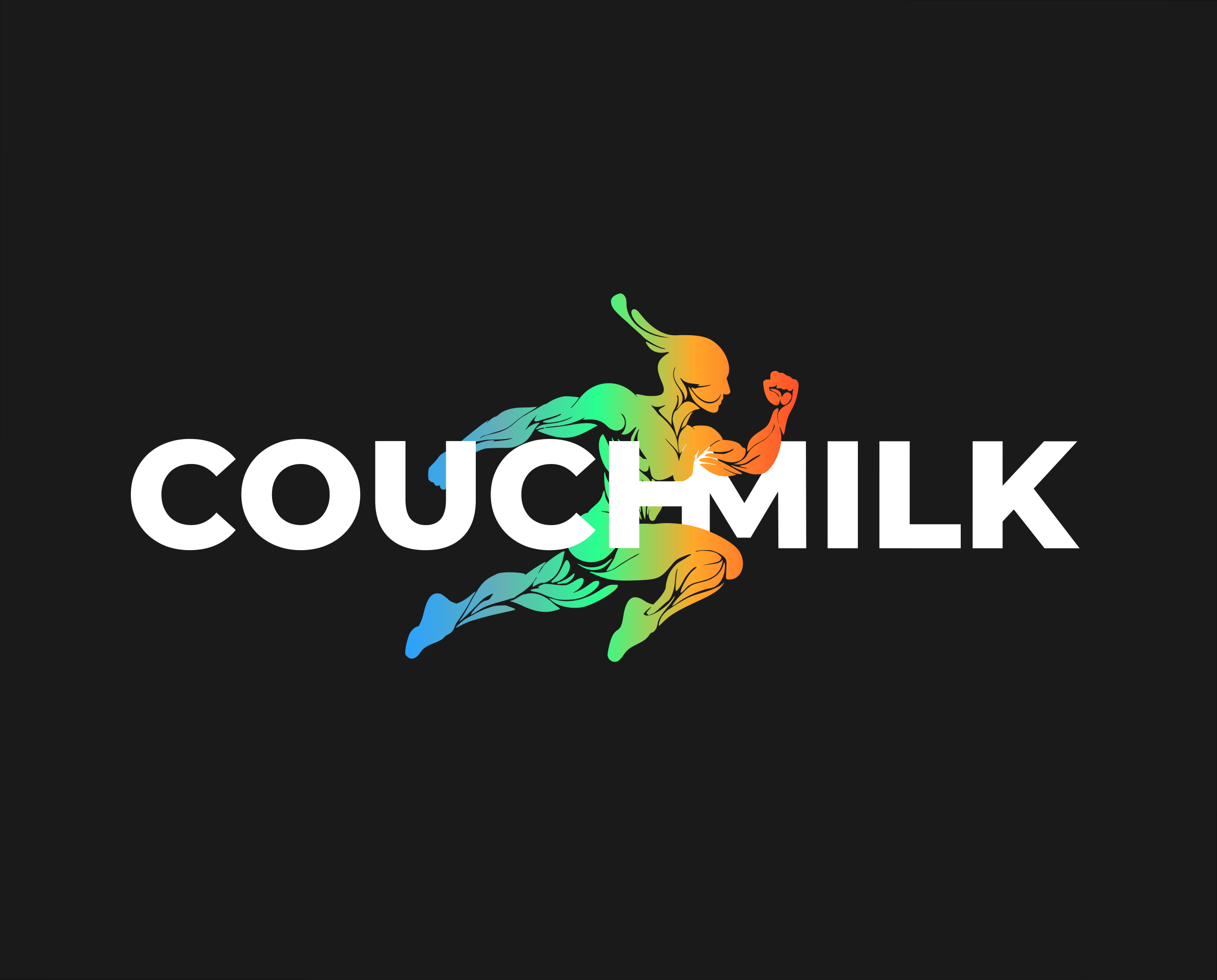 A black background with the words 'COUCH MILK' in bold white letters, overlayed by a multicolored muscular running figure.