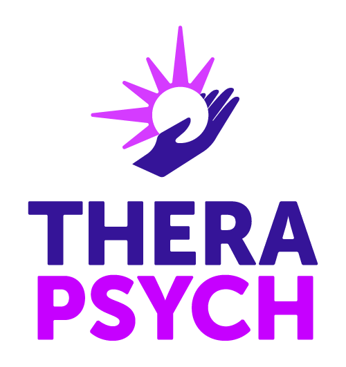 Logo of TheraPsych with a purple hand cradling a sunburst symbol.