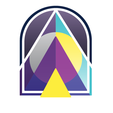 Abstract geometric stained glass window with purple, yellow, gray, and blue shapes.