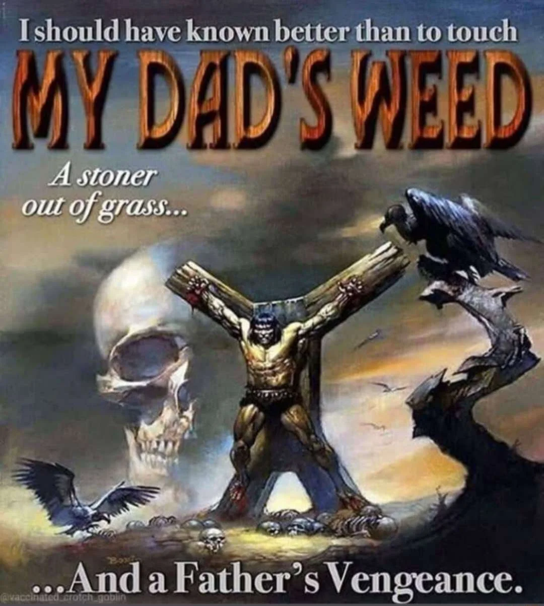 A dark, apocalyptic scene with a muscular man crucified on a wooden cross, a large skull behind him, a crow perched on the cross, another crow in flight nearby, and bones scattered on the ground. The sky looks ominous with dark clouds.