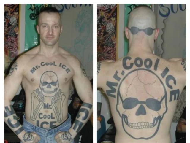 Man with tattoos of a skull and sunglasses, posing shirtless in front of a colorful background, showing front and back views.