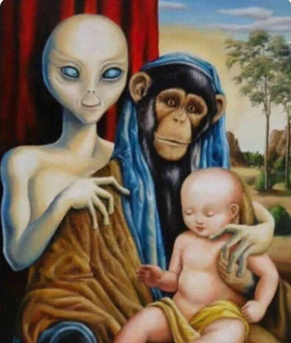 A painting depicting a humanoid alien with large eyes and a small nose, a chimpanzee with a blue headscarf, and a baby with closed eyes. The alien has a gentle expression and is dressed in a brown textured garment. The chimpanzee has a curious expression, and the baby appears calm, lying on the alien's lap. The background features a landscape with trees and blue sky.