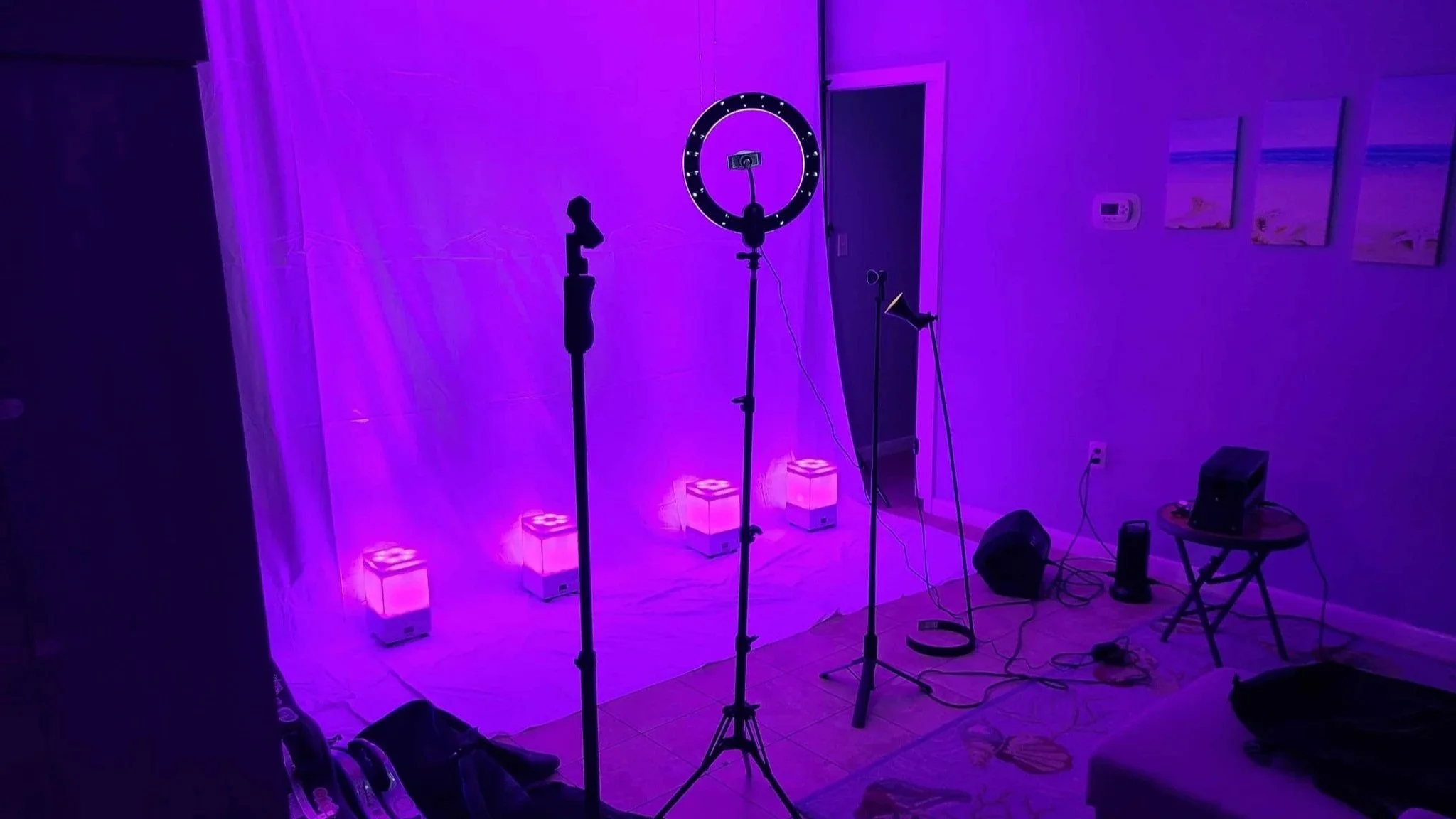 Indoor photography setup with purple lighting, a ring light with a camera mounted, a tripod, multiple lights, and audio equipment in a room with wall art.