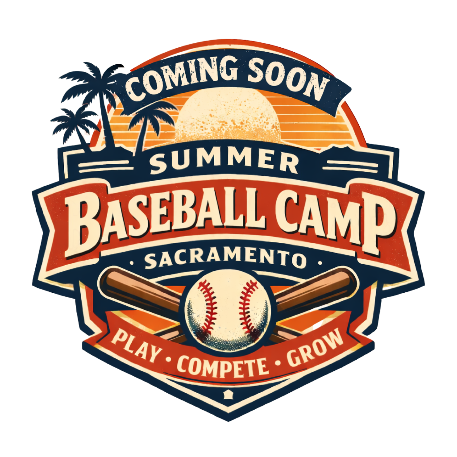 Logo for upcoming summer baseball camp in Sacramento featuring a sun setting behind a palm tree, baseballs, and bats, with the words 'Play, Compete, Grow'.
