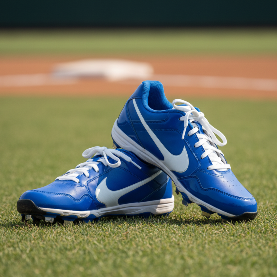 A pair of blue and white athletic cleats on a grassy field.