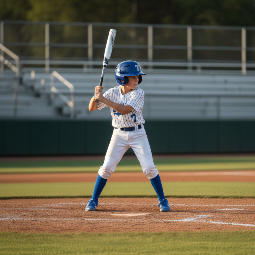 A young baseball player wearing a blue helmet, striped jersey, and white pants stands at home plate with a bat, ready to hit, on a baseball field during sunset.