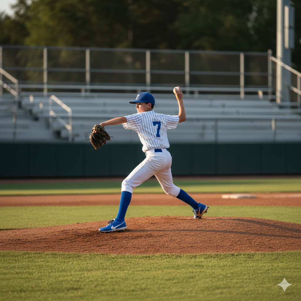 A young baseball pitcher in a blue and white uniform throws a pitch on the mound at a baseball field.