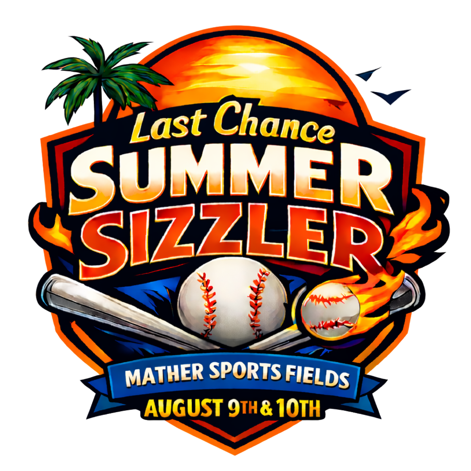 Event logo for Last Chance Summer Sizzler baseball tournament at Mather Sports Fields on August 9th and 10th, featuring a sunset, a baseball bat, and two baseballs with flames.