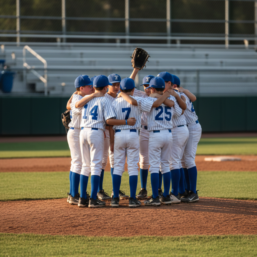 Youth baseball team in uniform huddles on the field during a game, with some players embracing and raising a glove.