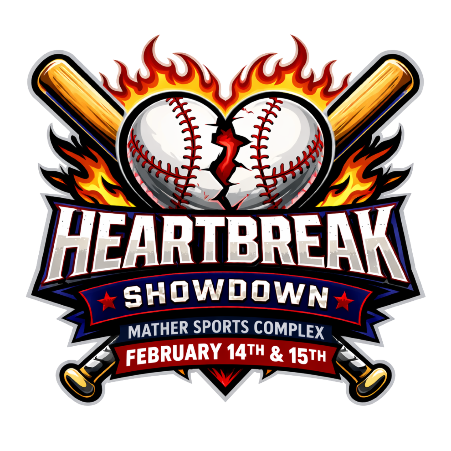 Logo for Heartbreak Showdown softball event at Mather Sports Complex on February 14th and 15th, featuring a cracked baseball heart with flames and two crossed bats.