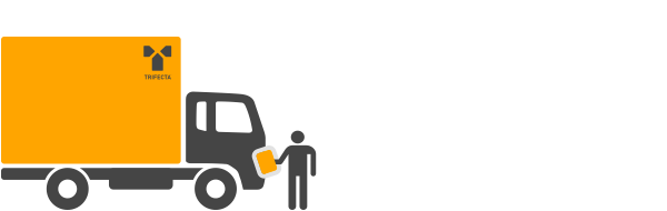 A person standing next to an orange TriPecta truck, holding a device, in an outdoor setting.