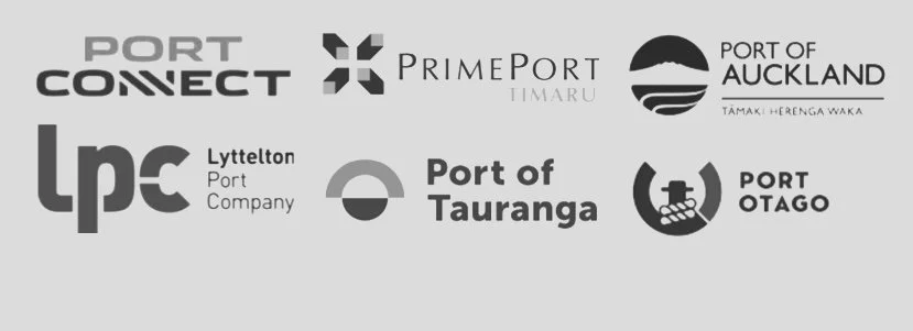 Logos of various New Zealand ports including Port of Auckland, Port of Tauranga, Port Otago, Port Connect, PrimePort Timaru, and Lyttelton Port Company.