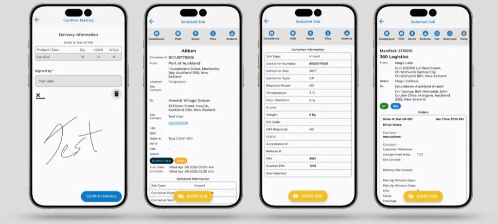 Screenshots of a mobile app interface showing shipping or logistics management process, including delivery confirmation, job selection, container details, and order information.